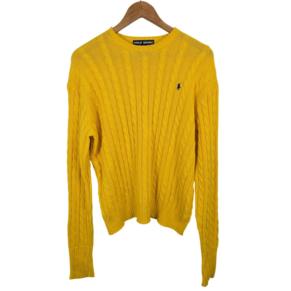Polo Sport Ralph Lauren Yellow Cable Knit Cotton Sweater Large Vintage Crew Neck